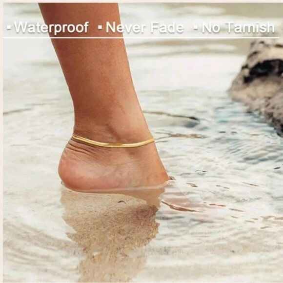 New Gold Herringbone Chain Anklet Waterproof Snake Chain Smooth Ankle Bracelet - Picture 4 of 6